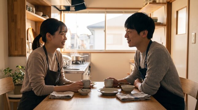 Young Japanese couple chatting over tea