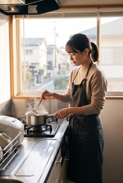 Japanese woman stirring a steaming pot at home