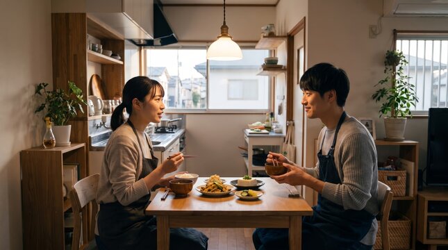 Homemade meal shared by Japanese couple at table