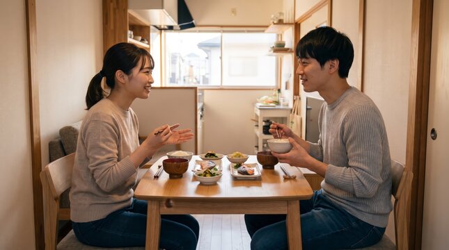 Across a dining table, two Japanese adults smile over a meal