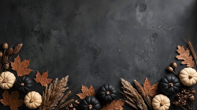 Autumn pumpkins and dried leaves on a dark textured background.