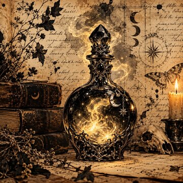 Glowing magical potion bottle with golden swirling energy inside on old parchment paper