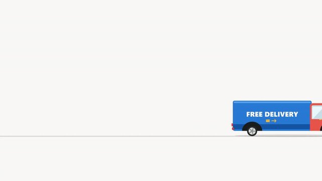 A modern and premium minimal delivery truck rolling smoothly from left to right with physically accurate wheel rotation, subtle suspension bounce, and dynamic acceleration. Features a clean 'FREE DELI