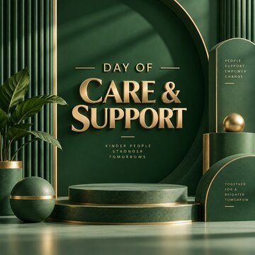 Green podium display for day of care and support event with golden text and elegant plant on dark