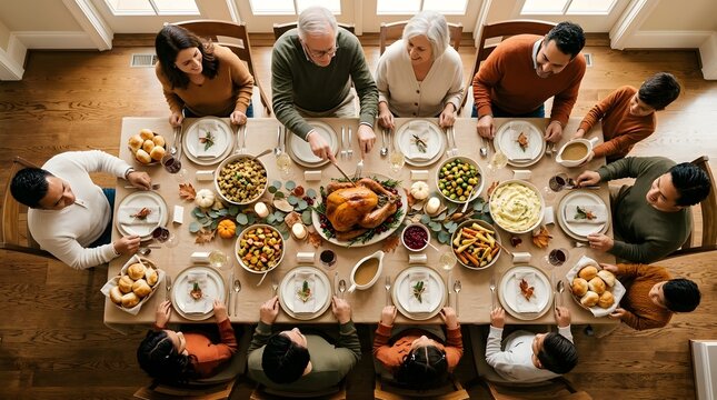 Multi-generational family gathered around a thanksgiving dinner table, top-down view.