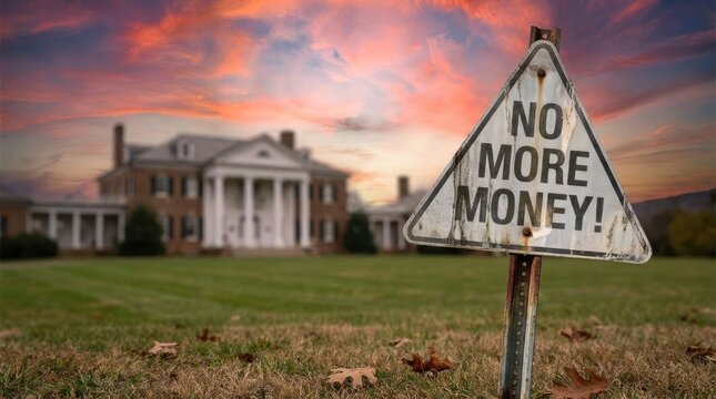Worn sign stating no more money in front of large residential building at dusk