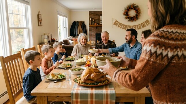 Multi-generational family gathering for a thanksgiving dinner at a wooden dining table.