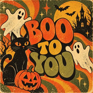 Retro vintage poster design featuring a black cat ghost and pumpkin for a spooky halloween holiday
