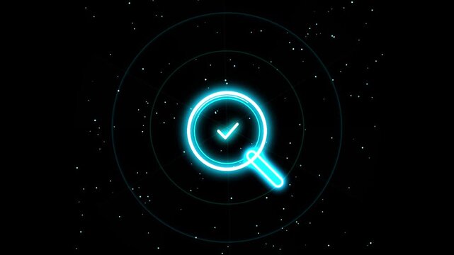Neon Holographic Magnifying Glass Icon With Checkmark Symbol Scanning On A Dark Radar Grid Background Representing Digital Data Verification, Cyber Security And Technical Analysis.