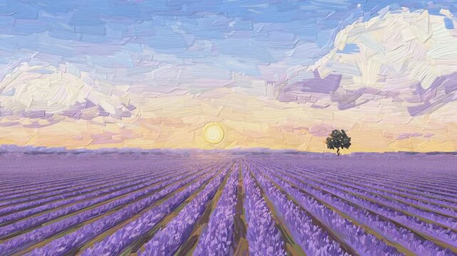Lavender field at sunset in thick impasto oil paint, palette knife strokes, wind rolling over the rows under creamy clouds, seamless loop