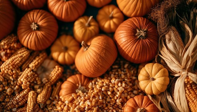 Beautiful Flat Lay Photography of Autumn Harvest Arrangement with Fresh Pumpkins and Corn Stalks