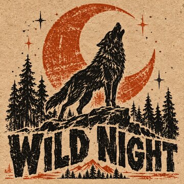 Black wolf howling at glowing orange crescent moon against dark forest landscape on textured retro