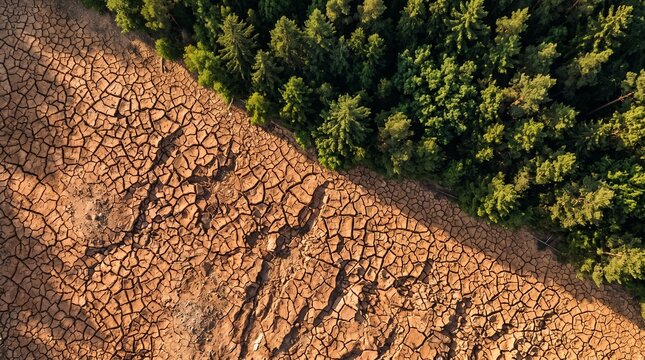 Severe climate change and global warming drought creating cracked parched barren earth contrasted directly against lush green forest wilderness shot from high altitude overhead aerial perspective 