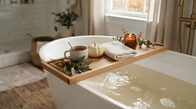 Wooden bathtub tray with tea, small pumpkin, towel, and candle.