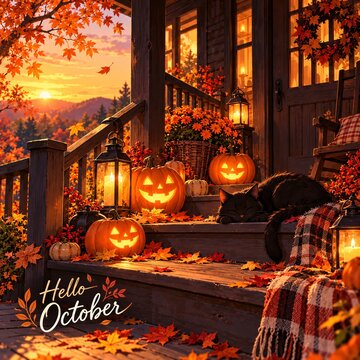 Cozy autumn porch decorated with glowing jack o lanterns and fall leaves at sunset with a black
