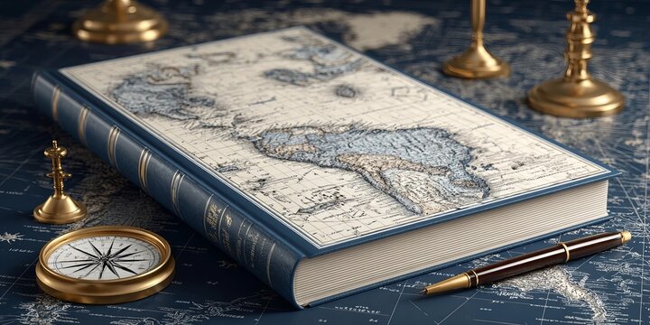 Vintage Map Journal with Compass Navigational Tools and Elegant Pen on a Blue Cartography Table