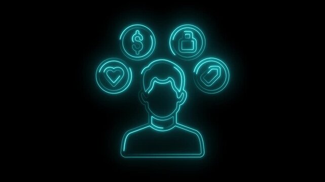 Customer centricity and the key elements surrounding consumer behavior animated with neon glow effect
