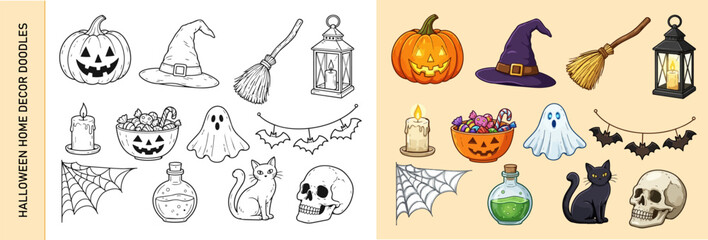 Fototapeta premium Halloween home decor vector doodles with pumpkins, candles, bats and spooky accessories