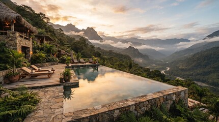 Fototapeta premium Luxury infinity pool at mountain resort, tropical jungle landscape with stone terrace, scenic sunset view over misty valley and peaks