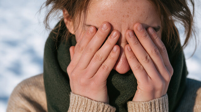 Woman Experiencing Sinus Facial Pressure and Discomfort During Winter