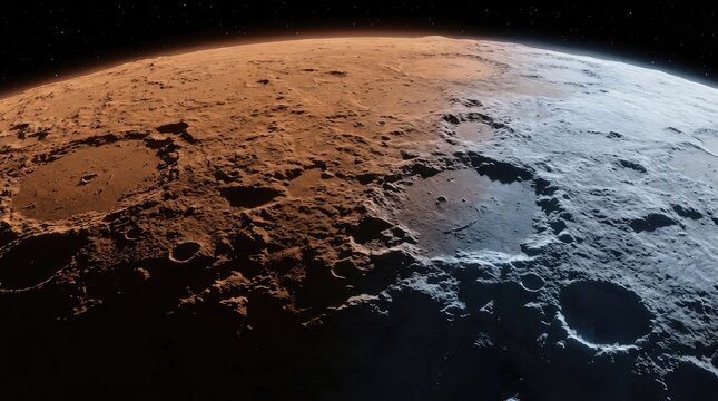 Barren planetary surface showing vast cratered terrain under dark space background, representing galactic graveyard in deep cosmos, visualizing silent dead world, featuring rocky dusty topography.