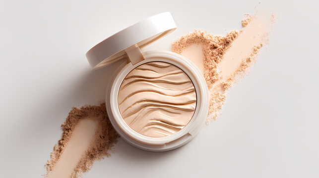 Compact powder makeup compact opened with swirled beige cosmetic powder and loose pigment dusted beside it.