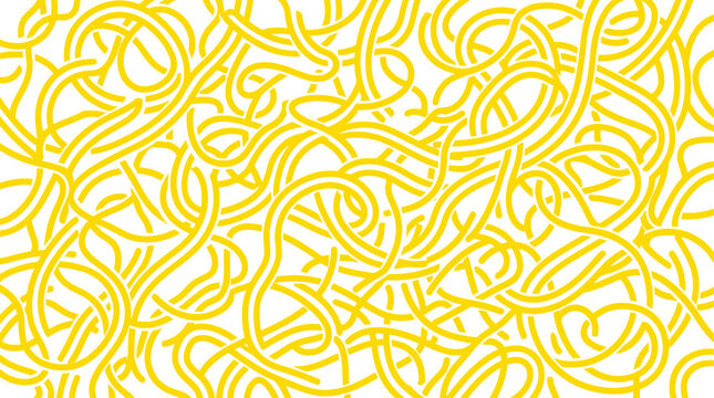 Yellow spaghetti pasta pattern vector, abstract noodle background texture, tangled ramen or vermicelli lines for food packaging and menu design