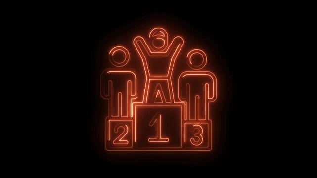 Neon animated champion podium with three people achieving victory on black background