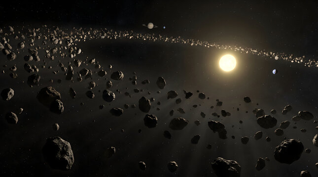 A stunning conceptual view of the astroid belt showing countless rocky space objects orbiting around a bright sun