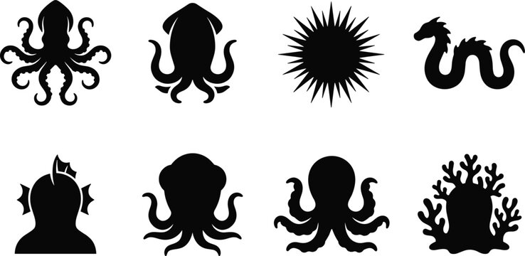 Sea Creature Silhouette Set with Octopus Squid Sea Urchin Serpent Merman and Coral Reef Black Vector Icons Collection