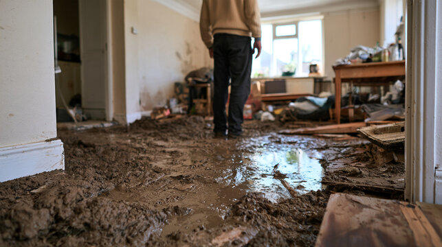 Residential Home Interior Aftermath of a Flood with Muddy Floor and Resident Inspecting Damage
