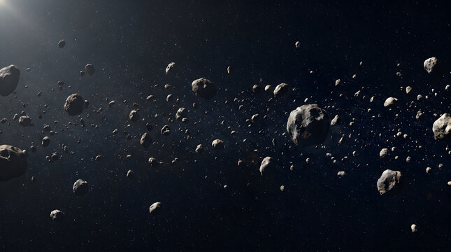 A vast and detailed asteroid belt floating in deep space with rocky debris and stars surrounding it
