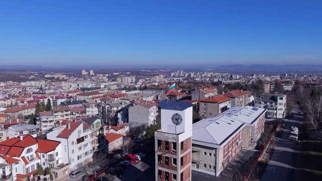 Aerial view of the clock tower and urban landscape of Shumen, Shumen Province, Bulgaria.