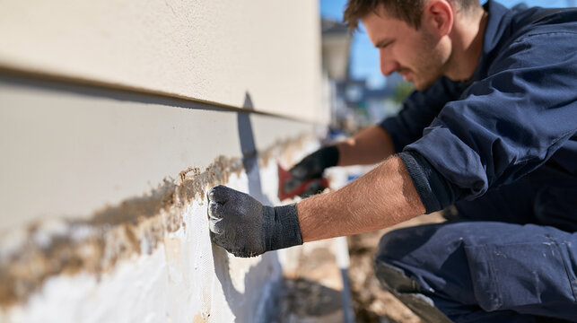 Construction Worker Applying Waterproofing Material to Rain Damaged Residential Wall