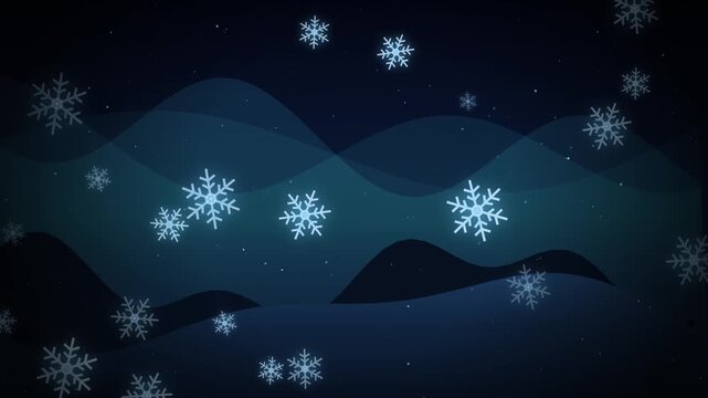 Animated winter snowfall background, with glowing snowflakes, and abstract dark, blue waves for, holiday motion