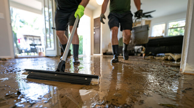 Residents Cleaning Up Mud and Water Inside Flood Damaged Home