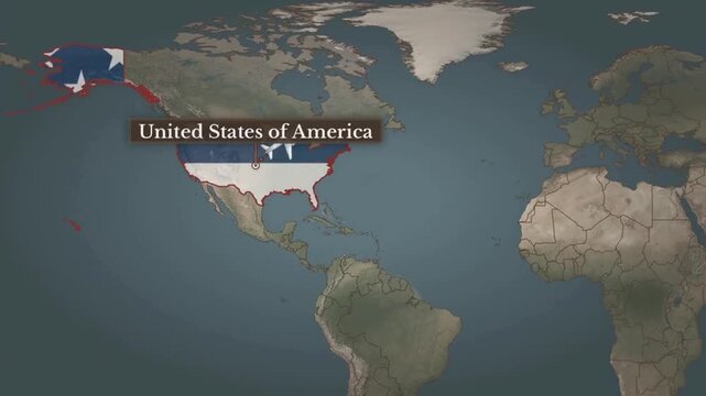 Airplane Flight Route from United States to United Kingdom on World Map, Traveling from USA America to UK with Airplane Animation