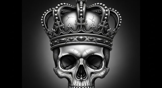 Gothic silver skull with crown in dark lighting.