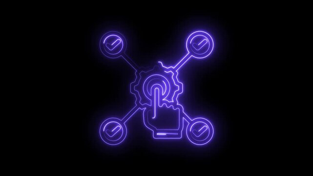 Neon purple glowing icon of a hand pressing a button on a gear connected to four checkmarks