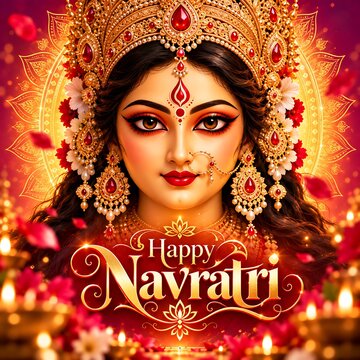 Happy Navratri Festival Poster with Goddess Durga Face and Traditional Decor