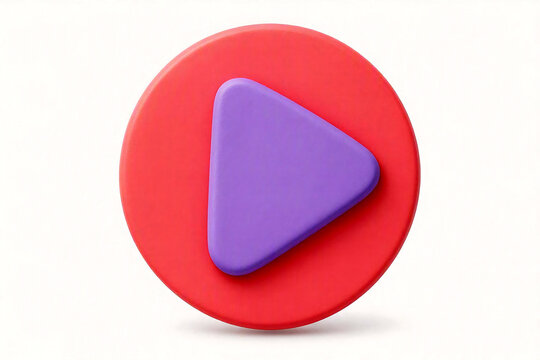 3d illustration of play pause button on red circular background with purple triangle icon for media controls