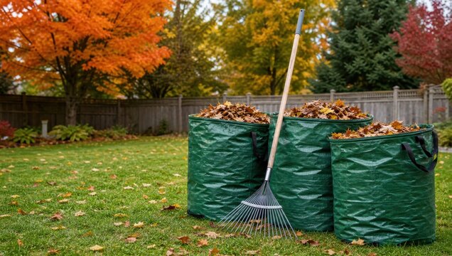 Autumn yard chores featuring leaf bags and metal rake on green lawn.