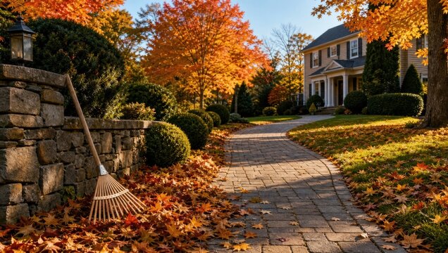 Autumn landscape featuring leaf rake by stone fence and house in background.
