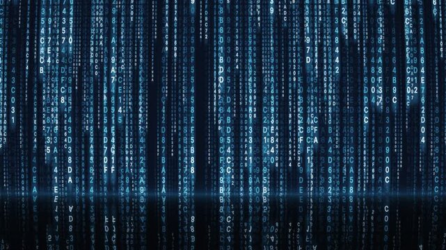 Falling blue hex code data streams in depth with reflection, cyber security and technology seamless loop