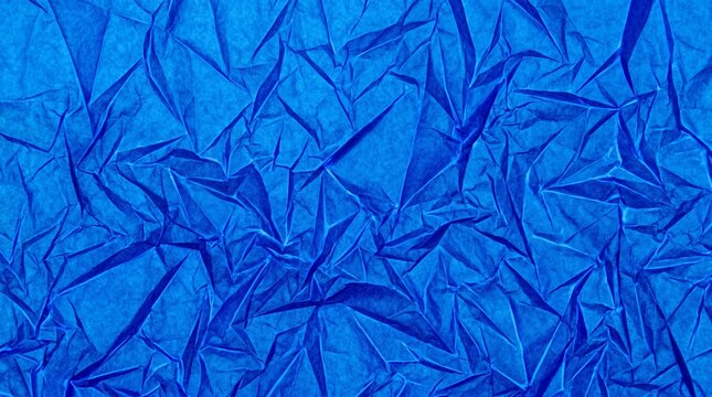 Background of crumpled electric blue tracing paper vellum texture with copy space