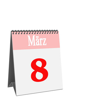Desk calendar, March 8, against white background