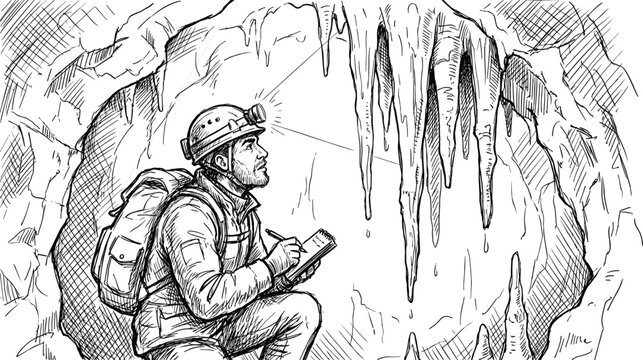 Explorer with headlamp inspecting limestone cavern stalactites line art sketch.