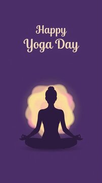 Happy Yoga Day greeting with meditating woman silhouette and glowing aura motion graphic, ai generated