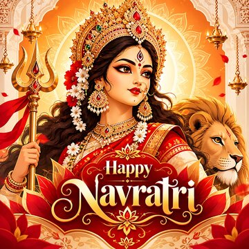 Happy Navratri Festival Poster with Goddess Durga, Lion and Traditional Decor