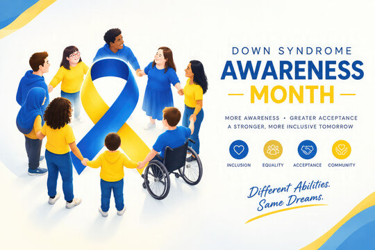 Down Syndrome Awareness Month Blue and Yellow Ribbon with Inclusive Community Illustration